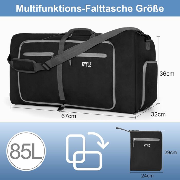 Складана дорожня сумка об&39ємом 85 л для жінок та чоловіків, ручна поклажа, велика дорожня сумка з відділенням для взуття та кількома кишенями, спортивна сумка для подорожей, спорту та відпусток (чорна)