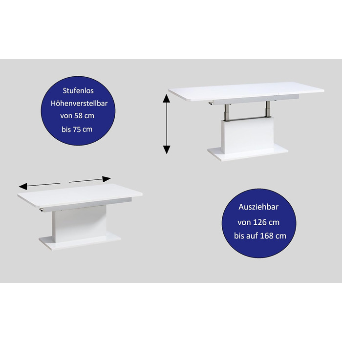 Розсувний журнальний столик designimpex DC-1, регульована висота 126/168 см, білий глянець, сучасний, універсальний стіл для вітальні, обідній стіл, журнальний столик, журнальний столик до дивана, що економить місце, високоякісний журнальний столик для ві