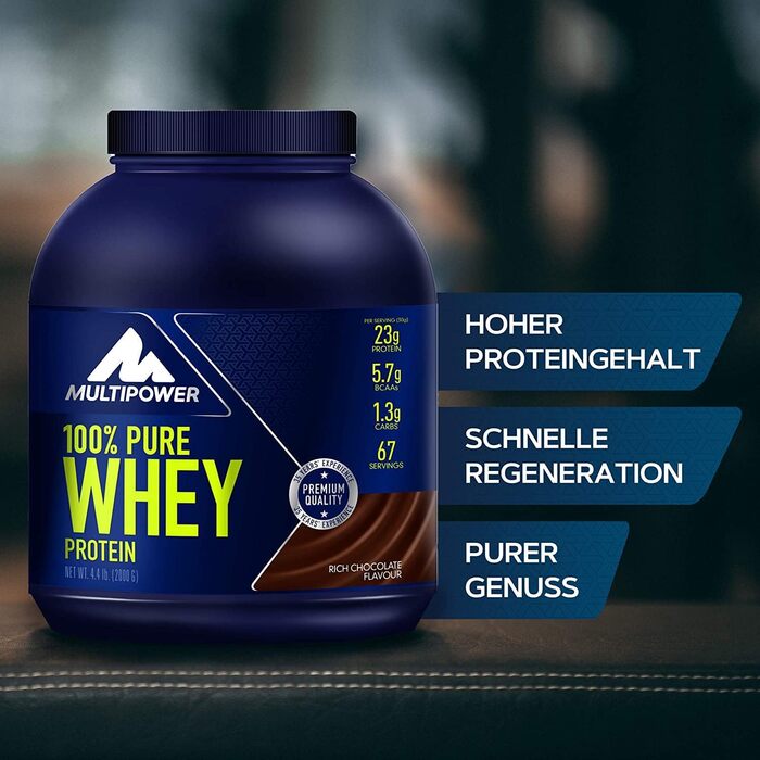 Протеїн 100% Pure Whey, Multipower, Шоколад, 2 кг — водорозчинний порошок з концентратом та ізолятом сироватки, 21 г білка на порцію