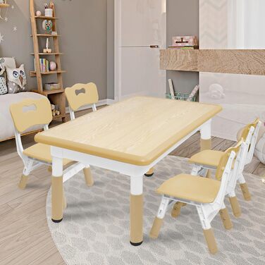 Дитячий стіл UISEBRT з 4 стільцями, Дитячий комплект сидіння з регульованою висотою для дітей від 2 років, Пластиковий комплект столів, Дитячі меблі для дитячого садка та дитячої кімнати (Колір дерева, 120 x 60 x 60 см) 120 x 60 x 60 см Колір дерева