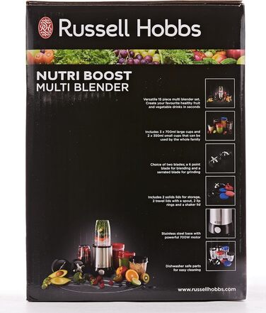 Блендер Russell Hobbs багатофункціональний блендер NutriBoost (включаючи 5 контейнерів без бісфенолу А та придатних для миття в посудомийній машині кришка, 22 000 об/хв, двигун 0,9 к.с.) електричний, смузі-машина 23180-56 одинарний