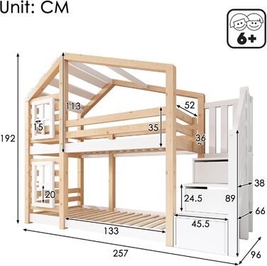 Дитяче ліжко Kehun Двоярусне ліжко 90 x 200, Ліжко-будиночок для 2 дітей, Ліжко-горище з дерев&39яною рейковою основою, Дерев&39яне ліжко з шухлядою та вікном, Ліжко-будиночок на дереві із захистом від падіння та сходами, Натуральний та білий, Без матраца