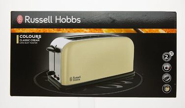 Тостер Russell Hobbs довгий слот для 2 скибочок / 1 широка скибочка хліба Кольори Крем з нержавіючої сталі (надзвичайно широкі отвори для тостів, включаючи насадку для булочки, 6 рівнів підрум'янювання функція розморожування, 1000 Вт)21395-56