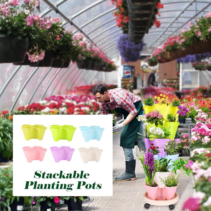 Вежа для рослин WADEO з горщиками, що штабелюються, вертикальний сад з 6 ярусами, горщик для полуниці, трав, квітів та овочів, що штабелюється, економія місця до 12 рослин (різнокольоровий)