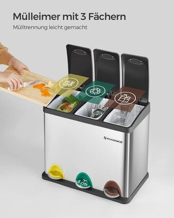 Відро для сміття кухонне, 3 x 8 л, невелика місткість, система розділення відходів 3 відділення, відро для сміття з кришкою, стале