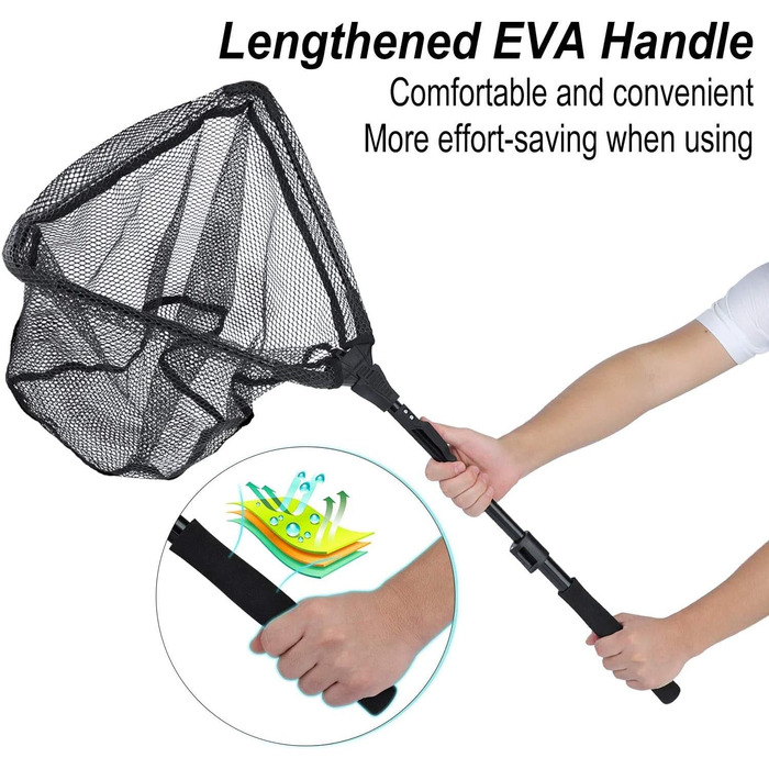 Підсак для риби Sougayilang, складний, розкладний, телескопічна штанга, міцний нейлоновий матеріал, безпечне ловлення або випускання риби, чорний - 115 см