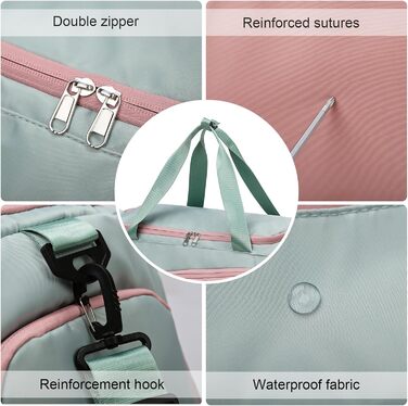 Жіноча спортивна сумка об&39ємом 45 л з відділенням для взуття, відділенням для вологи, водонепроникна сумка для вихідних, дорожня спортивна сумка з рюкзаком, сумка для плавання, сумка для тренувань, пляжна сумка для фітнесу, спорту, подорожей, зелено-рож