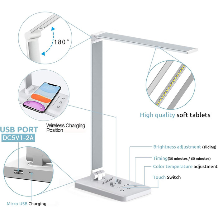 Настільна лампа Lacmisc Настільна лампа з регулюванням яскравості 5 кольорів і 10 рівнів яскравості Настільна лампа Світлодіодне сенсорне керування Рівні яскравості Настільне світло та порт USB (04 Вт)