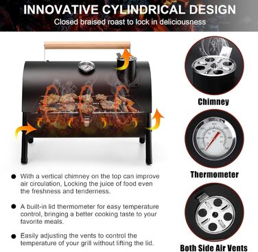 Портативний вугільний гриль для кемпінгу з кришкою, компактний настільний гриль з термометром, регульованим надходженням та виведенням повітря, для приготування їжі на відкритому повітрі, вечірок, кемпінгу та пікніків