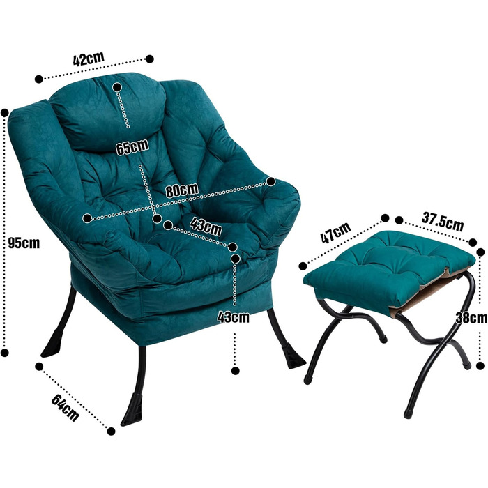 Крісло HollyHOME з підставкою для ніг, крісло з відкидною спинкою та підставкою для ніг, крісло для вітальні, крісло-реклайнер, крісло для спальні, крісло для читання, крісло для відпочинку, крісло, синьо-зелене з підставкою для ніг