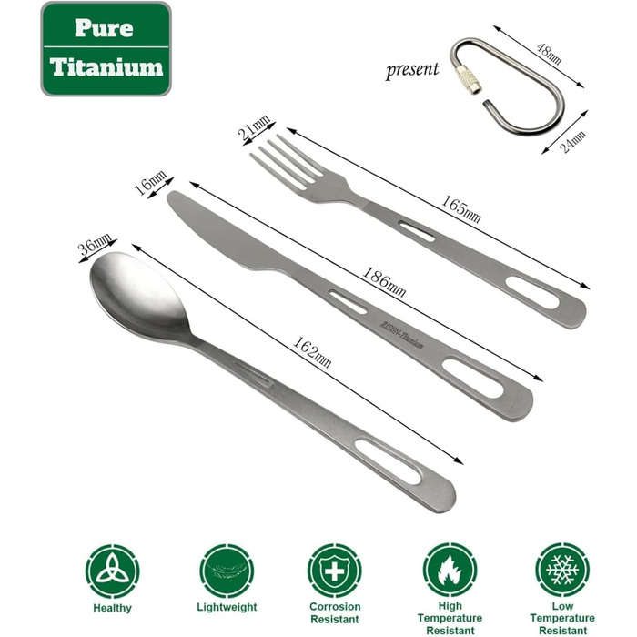 Набір столових приборів RISON-Titanium Titanium для кемпінгу, комбіновані столові прибори з 4 титанових виделок-ложок-ніжів для подорожей з карабіном та сумкою для зберігання, посуд для приготування їжі на свіжому повітрі, рюкзак для походів, щоденний пос