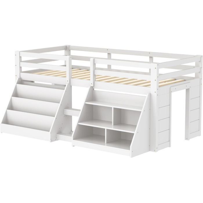 Дитяче ліжко середнього класу 90x200 зі світлодіодним освітленням, односпальне ліжко зі сходами та шафою для зберігання, ліжко з місцем для зберігання, дерев&39яне ліжко, функціональне ліжко, дитяче ліжко із захистом від падіння та рейковим каркасом, біле