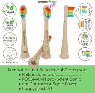 Дитячі щітки GREENHipster з 4 упаковок виготовлені з екологічного бамбука Насадки для щітки підходять для звукових зубних щіток Philips Sonicare 100 без бісфенолу А Змінні щітки Kids (Rainbow - Soft - Small Head) 4 шт. и (1 упаковка) Rainbow