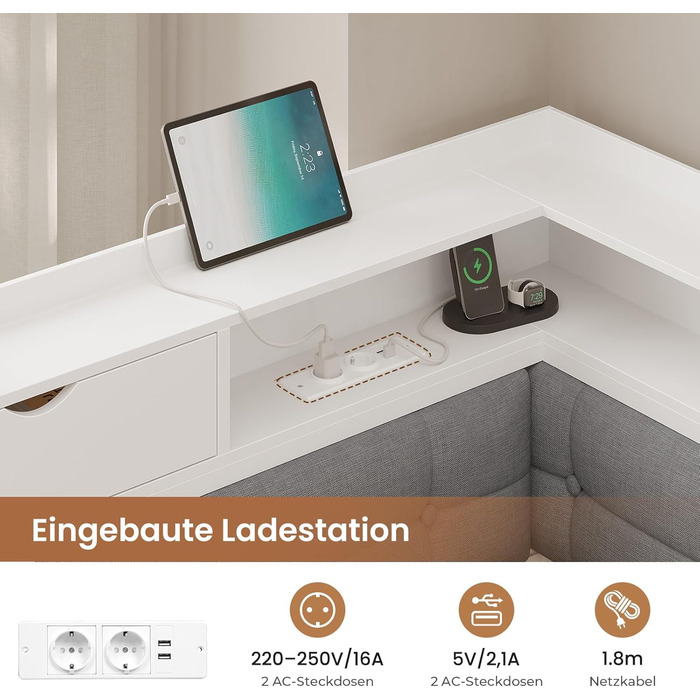 М&39яке ліжко-диван-ліжко 140x200 з 6 відділеннями для зберігання Дитяче ліжко 140x200 зі світлодіодним освітленням Кушетка з розетками Гостьове ліжко Каркас ліжка з металевою рейковою основою, матрац не входить до комплекту (білий) 140x200 см Білий