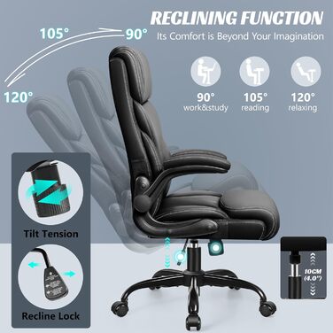 Офісне крісло FelixKing, ергономічне велике комп&39ютерне офісне крісло, крісло керівника, регульована висока спинка, відкидні підлокітники, поперекова підтримка, поворотне комп&39ютерне крісло з функцією гойдання (матовий чорний) 5066H матовий чорний