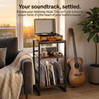 Підставка для програвача платівок, 3-ярусний бічний столик, столик для програвача платівок, до 120 альбомів, столик для вітальні, спальні, вінтажний коричневий (сільський коричневий)