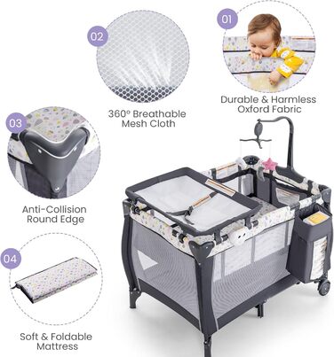 Складане дитяче ліжечко-манеж LIFEZEAL, тканина Оксфорд та ПП, багатофункціональне дитяче ліжечко з пеленальний столик для малюків 0-36 місяців, вантажопідйомність 15 кг (сірийбілий)