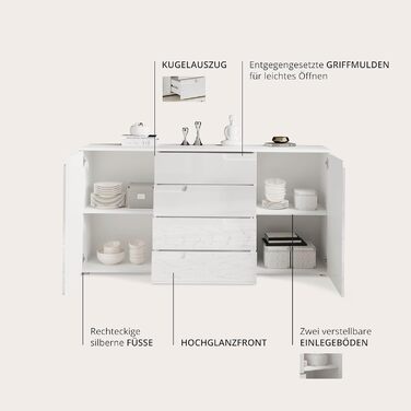 Комод Stella Trading SPICE, глянцевий білий - Сучасний комод з великою кількістю місця для зберігання речей у вашій вітальні - 165 x 80 x 40 см (Ш/В/Г)