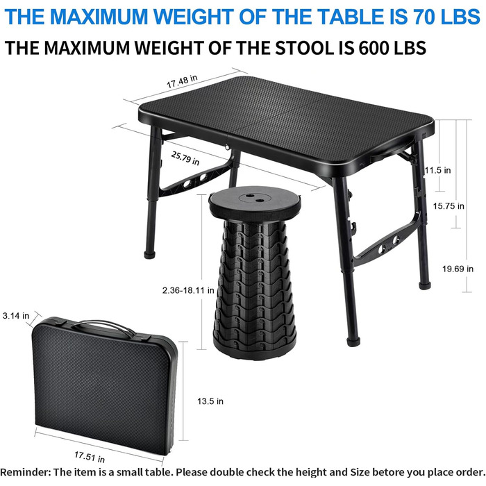 Складний стіл і табурет KPR, портативний, кемпінговий стіл, легкий, але міцний, зі складним табуретом для пікніка, пляжу, кемпінгу, риболовлі, походів, вечірок, активного відпочинку (чорний)