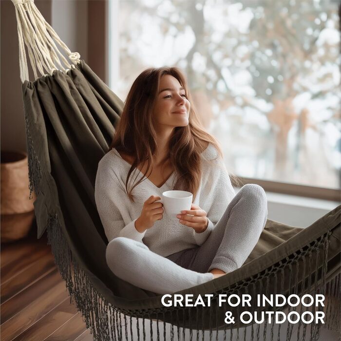 Бавовняний гамак для вулиці та дому - 220 x 115 см - Гамак з тканини в стилі бохо - Гамак для саду або балкону - Вуличний гамак - Темно-сірий