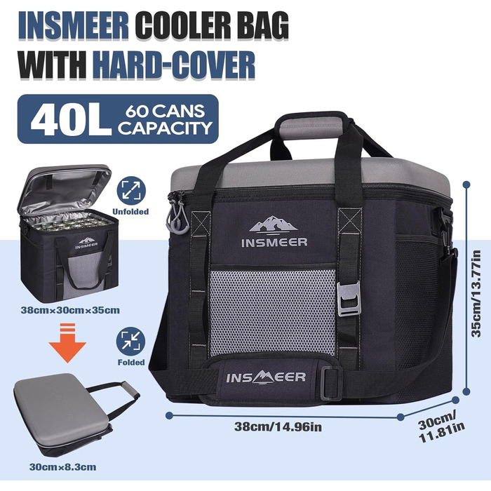 Велика сумка-холодильник 40 л, сумка-холодильник на 60 банок, складна з твердим дахом з EVA, водонепроникна велика сумка-холодильник, коробка-холодильник, ізольована сумка, термосумка для кемпінгу, пікніка, пляжу, сіра