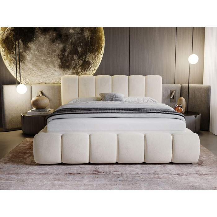 Ліжко Cloud 140x200, М&39яке ліжко з ящиком для зберігання, Оксамит, з рейковою основою, з узголів&39ям, без матраца (Бежевий, 140x200) Бежевий 140x200