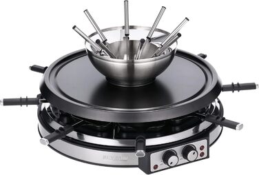 Комбінація SEVERIN Raclette-fondu, 1900 Вт, раклет на 8 осіб з каменем для гриля, комбінація раклету і фондю 2 в 1 з 8 сковородами, скребками і виделками для фондю, RG 2348