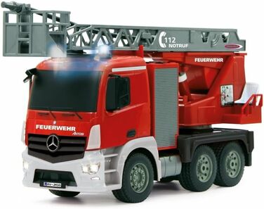 Пожежна машина з драбиною Mercedes Antos 120, 2.4G - з німецькою сиреною та синіми світловими сигналами, резервуар для води 420 мл, реальна функція розпилення води, програмовані функції, повнопривідний механізм., 404960 -
