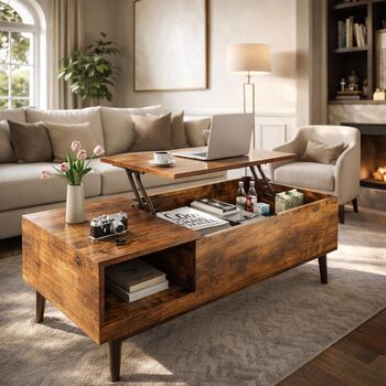 Журнальний столик DUMOS з регульованою висотою, якісний стіл для вітальні, журнальний столик, журнальні столики для вітальні, невеликі, сучасні дерев&39яні центральні столики з відділенням для зберігання та прихованим відділенням (колір дерева) коричневий