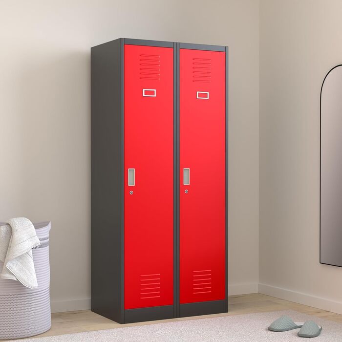 Шафа Jan Nowak, металева шафа, гардероб, шафа-шафа 2 відділення з вішалкою для одягу, роздільниками, вентиляційними отворами, 4 гачками для одягу на відділення 180 см x 80 см x 50 см Антрацит/Червоний Антрацит/Червоний 180 см x 80 см x 50 см