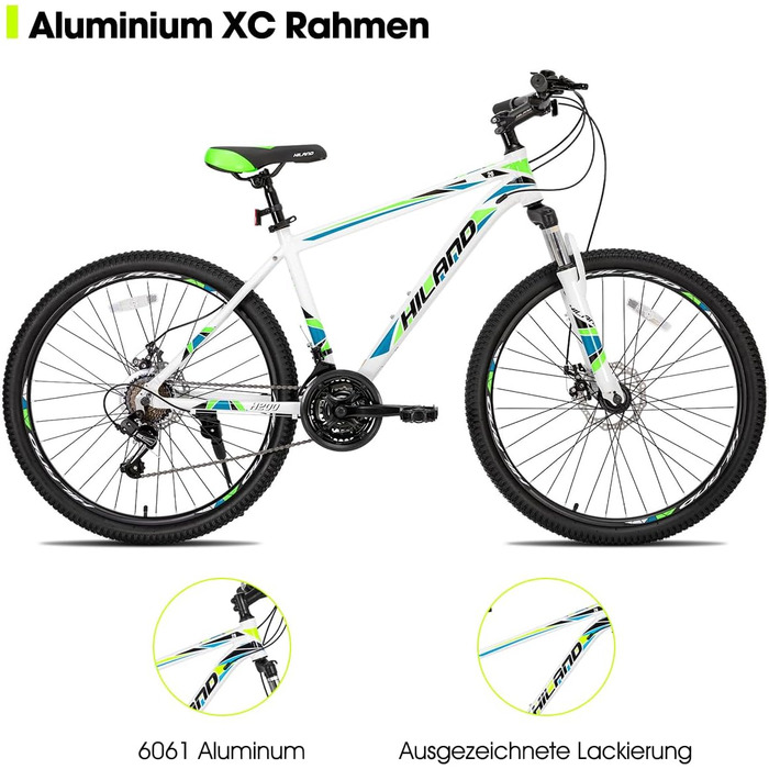 Гірський велосипед для дорослих HILAND 26/27,5 дюймів, MTB з алюмінієвою рамою, механічні дискові гальма, 21 швидкість, амортизаційна вилка, MTB велосипед для чоловіків та жінок, білий, 26 дюймів