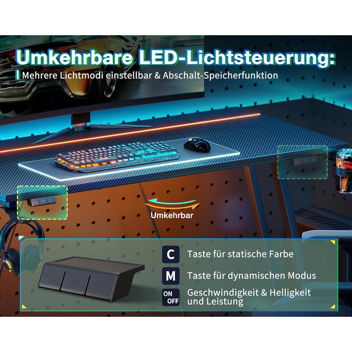 Ігровий стіл ODK 80 x 50 см зі світлодіодним підсвічуванням, ігровий стіл з підставкою для чашок та гачком для навушників, дизайн з подвійною Z-подібною рамою, невеликий комп&39ютерний стіл, чорний колір з вуглецевого волокна, 80 см, чорний колір з вуглец