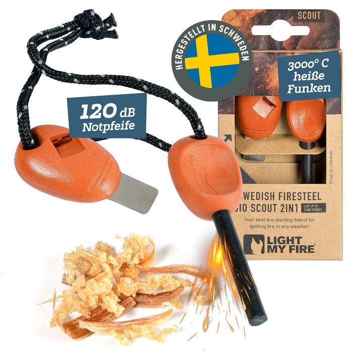 Кресало для виживання LIGHT MY FIRE Outdoor Scout 2-в-1 з аварійним свистком, кресало та кремінь для розпалювання вогню, вічне сірництво з ручкою з біопластику (3000 запалювань), колір іржаво-помаранчевий. Розмір без розміру.