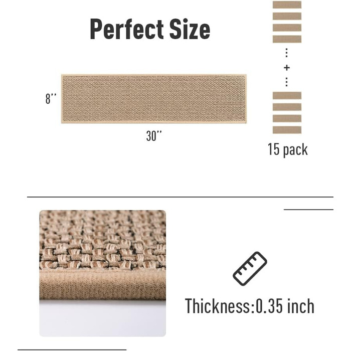 Нековзні сходинки PADOOR, гумова основа для дерев&39яних сходинок, 15 шт. , килимові сходинки без залишків для дітей та собак, 20,3 x 76,2 см, бежевий