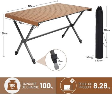 Складаний кемпінговий стіл TIMBER RIDGE 125x80 см з регульованою висотою XXL, кемпінговий багатофункціональний садовий стіл, портативний складний стіл великого розміру, 6 осіб, для пікніків на свіжому повітрі, приготування їжі, саду, походів, подорожей