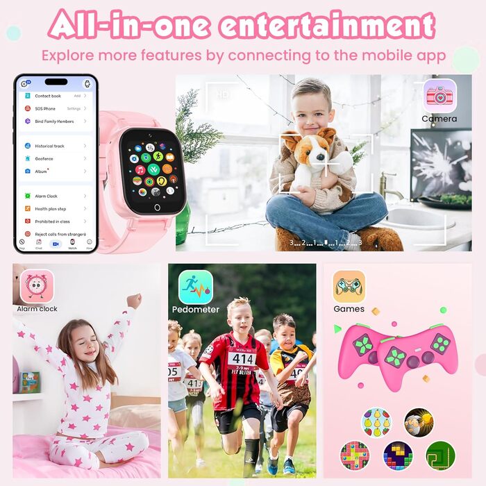 Розумний годинник 4G для дітей з GPS, дитячий годинник з телефоном, відеодзвінками та голосовим чатом, Wi-Fi, SOS, крокомір, будильник, ігри, дитячий подарунковий наручний годинник для дівчаток та хлопчиків віком від 4 років, рожевий