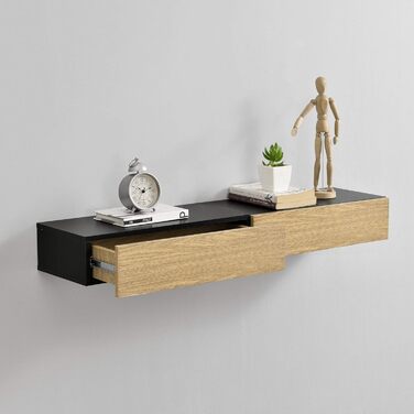 Набір з 2 настінних полиць з шухлядою Чорний/дерево Підвісна полиця Настінна полиця Шафа Стіл Тумба приліжкова Комод Настінна поли