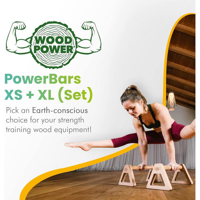 Дерев&39яні паралелети WOODPOWER PowerBars для віджимань, дерев&39яні ручки для віджимань, стійка на руках, йога та калістеніка, нековзні, для використання в приміщенні та на вулиці, безпечні для суглобів, НАБІР (XS XL) чорного кольору