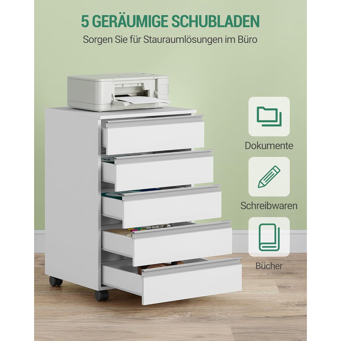 Пересувний контейнер Hzuaneri, мобільна шафа для документів, шафа з 5 висувними шухлядами, шафа для зберігання речей для офісу та домашнього офісу, білий 40 x 40 x 70 см FC55503X