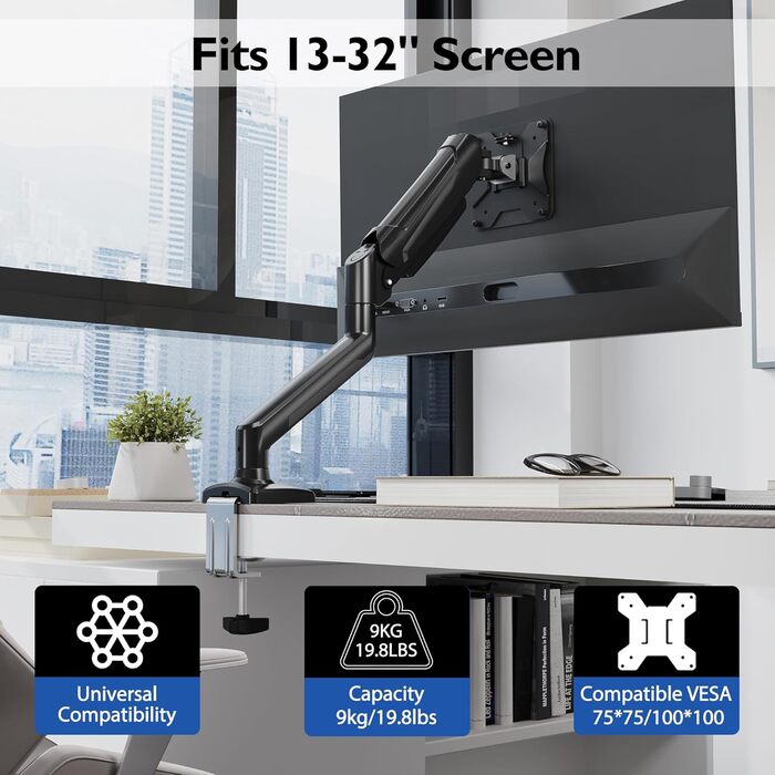 Тримач для монітора BONTEC 13-32 дюйми, 3-9 кг, VESA 75/100 мм, з газовою пружиною, ергономічний, поворотний, нахильний та обертовий