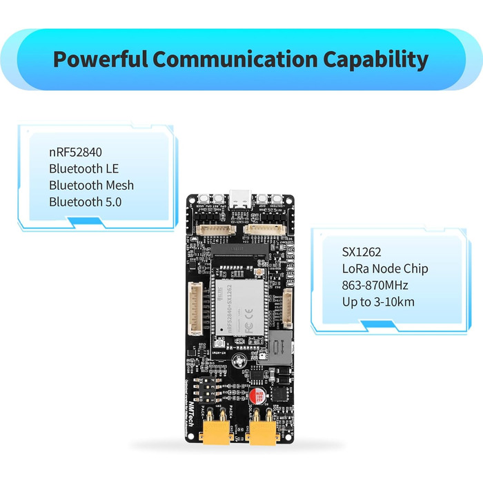 Плата розробки MeshSolar для підключення літій-залізо-фосфатних систем BMS BLE/LoRa, мікросхема nRF52840 MCU SX1262 LoRa. Підтримує Bluetooth та LoRa 868 МГц. Сумісний з літій-залізо-фосфатними акумуляторами Meshtastic.