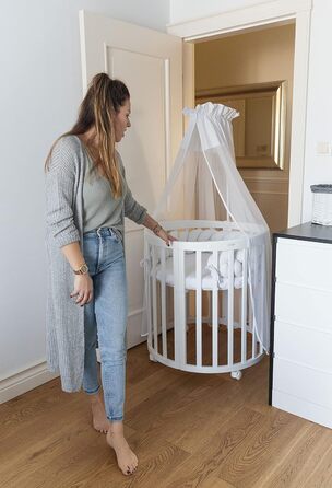 Дитяче ліжко Waldin Oval, комплект трансформованого 7-в-1, ліжечко, дитяче ліжко з матрацом, пеленальний столик, приліжкове ліжечко, дерево білого кольору, комплект тканини не входить до комплекту