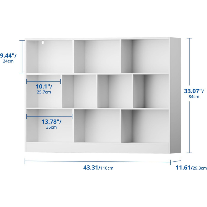 Книжкова полиця, окремостояча полиця з 3 рівнями та 10 полицями, книжкова шафа, 29,3 x 110 x 84 см, кубічна полиця для вітальні, офісу, спальні, кабінету (1, білий) Білий 1