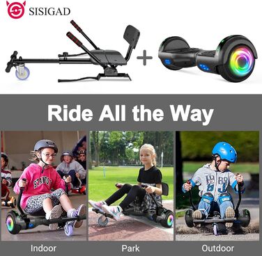 Гіроскутер із кріпленням сидіння – самобалансуючий 6,5" з Bluetooth-динаміком та світлодіодними ліхтарями для дітей, дівчаток та хлопчиків (включно з картингом)