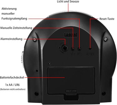 Радіокерований будильник, аналоговий радіокерований будильник без цокання, з нічником та функцією повтору будильника, потрібна 1 батарейка типу АА 1,5 В (не входить до комплекту) (чорний)