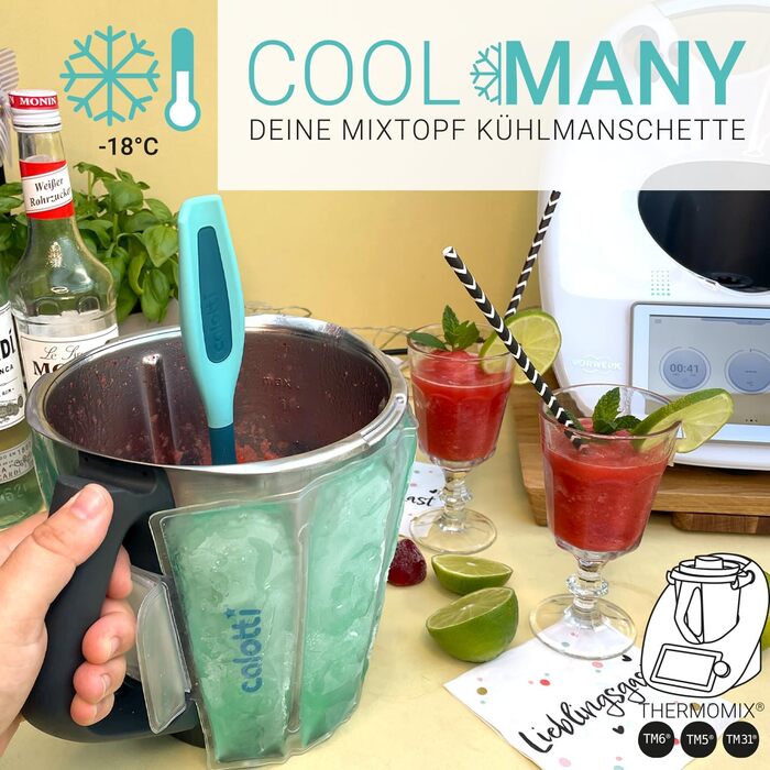 Ваш охолоджуючий рукав для міксерної чаші Thermomix TM6, TM5 і TM31. Просто зачепіть і закрутіть навколо миски для змішування та остудіть. Тримає миску для змішування в прохолоді протягом години. TM5, TM6 і TM31 Монетний двір