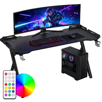Ігровий стіл зі світлодіодним підсвічуванням та вуглецевим волокном, ергономічний комп&39ютерний стіл з RGB-підсвічуванням, ігровий стіл з Y-подібними ніжками, ПК-стіл з тримачем для навушників - чорний, 120x60x75 см