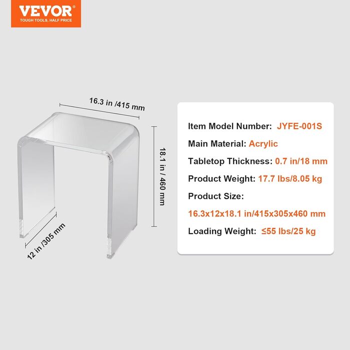 Акриловий журнальний столик VEVOR 415 x 305 x 460 мм, U-подібний акриловий журнальний столик, прозорий журнальний столик для напоїв, їжі, закусок, використовується у вітальні, спальні, кабінеті тощо.