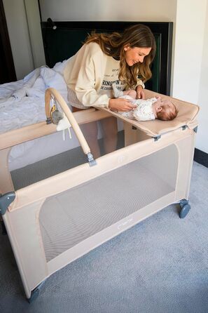 Дитяче та дитяче дорожнє ліжечко MoMi BELOVE PLUS 2-в-1, складне, 2 рівні для сну для немовлят до 9 кг та дітей до 15 кг з дитячим матрацом, ігровою ручкою, пеленальний килимок та сумка для перенесення, темно-зелений