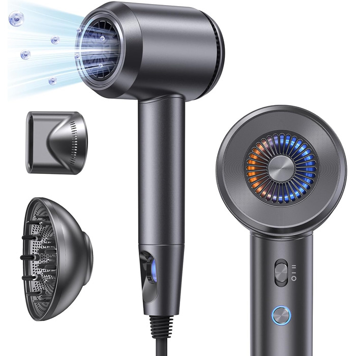 Іонний фен llano Іонний фен швидкого висихання з дифузором 100 мільйонів негативних іонів Потік повітря 19 м/с Безщітковий двигун,